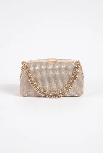 Zlatna clutch torbica s dvostrukim lančićem i kristalima